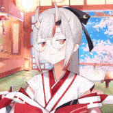a girl with horns is wearing glasses and a red and white outfit