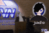 a cartoon character with the name jade in front of a vw logo