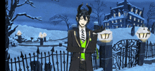 a man with horns and a green vest stands in front of a snowy house