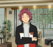 a cartoon character with red hair is standing in a living room with his arms crossed