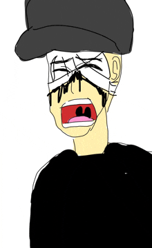 a drawing of a man with his mouth open and a bandage on his face