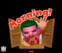 a cartoon character with green hair is waving from a window and the words morning are above him