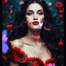 a woman in a red dress with red lipstick is surrounded by red flowers