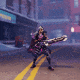 a video game character is holding a sword that says ' tsc ' on it