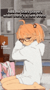a girl with glasses is kneeling down with a caption that says abe all stars players when there is a new event