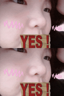 a close up of a person 's face with a sign that says yes on it