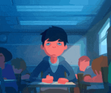 a cartoon drawing of a boy sitting at a desk with his eyes closed