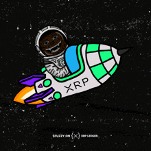 a cartoon of a man riding a rocket that says xrp on it