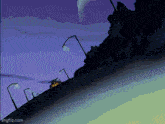 a cartoon of a person riding a motorcycle down a road .