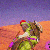 a green turtle with a red head is standing in a desert holding a sword