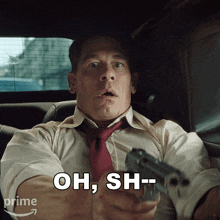 a man in a white shirt and red tie is pointing a gun with the words oh sh written below him