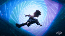 a poster for elio shows a boy flying through a blue and purple tunnel