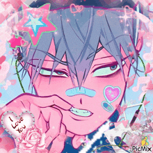 a drawing of a boy with a bandage on his nose and a heart that says " i love you "