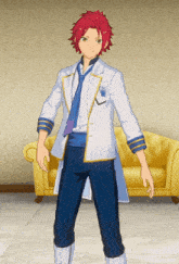 a man with red hair is wearing a white jacket and blue pants