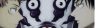 a couple of anime characters standing next to each other with their eyes closed and a mask on their face .