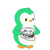a green and white penguin is holding a troll face on its chest