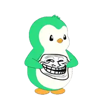 a green and white penguin is holding a troll face on its chest