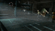 a cartoon character is running in a dark room