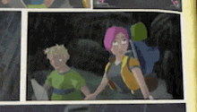 a woman with pink hair is holding a child 's hand in a comic book .