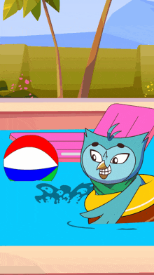 a cartoon of an owl swimming in a pool with a beach ball