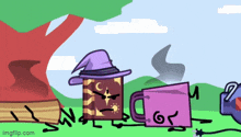 a cartoon drawing of a clock with a witch hat and a pink cup
