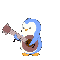 a cartoon penguin is playing a guitar with a music note behind it