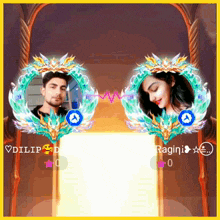 a man and a woman are standing next to each other with their names displayed