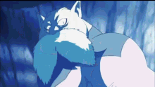 a cartoon drawing of a cat with a blue furry tail