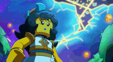 a cartoon character is standing in front of a lightning strike