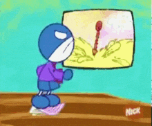 a cartoon character is looking at a drawing on a tv screen .