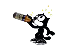 a cartoon cat is drinking from a bottle that says puro on it