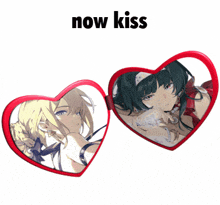 a couple of heart shaped mirrors with the words now kiss below them