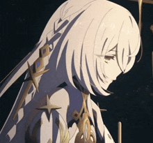 a close up of a girl with white hair and a braid