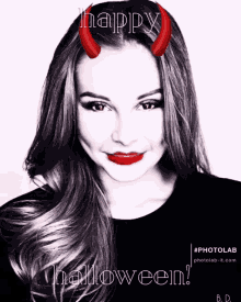 a black and white photo of a woman with red horns and the words happy halloween