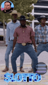 a group of men in cowboy hats are dancing in front of a sign that says $ lotto
