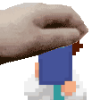 a pixel art drawing of a hand holding a blue block .