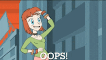 a cartoon of a girl standing in front of a building with the words oops written below her