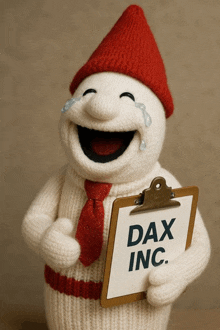 a snowman holding a clipboard that says dax inc