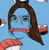 a cartoon of a woman surrounded by sushi and a penguin