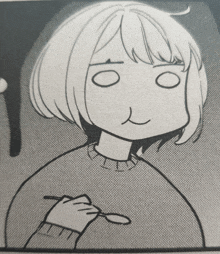 a black and white drawing of a woman with a spoon in her hand
