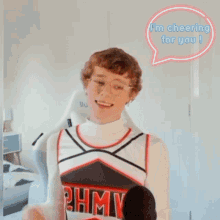 a cheerleader says i 'm cheering for you in a pink speech bubble