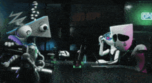 two cartoon characters are sitting at a bar with a neon sign that says up