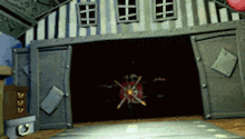 a cartoon drawing of an airplane in a garage with the doors open