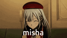 a girl in a red hat with the word misha on the bottom right