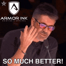 an ad for armor ink printing and apparel with a man wearing glasses