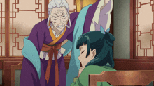 a woman in a purple and blue dress is standing next to a girl in a green shirt
