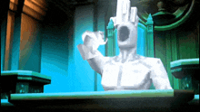 a statue of a man with a hole in his head is giving the ok sign