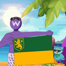 a cartoon character holding a green and yellow flag with a lion on it