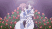 two anime girls are hugging each other in front of a field of roses