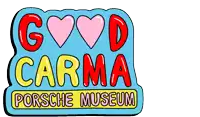 a logo for good carma porsche museum with hearts on it